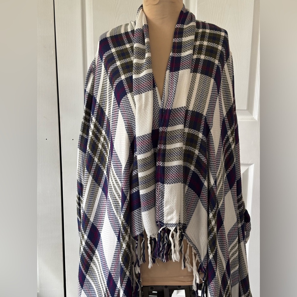 Natural‎ Reflections Plaid Fringe Ruana Cardigan Wrap L